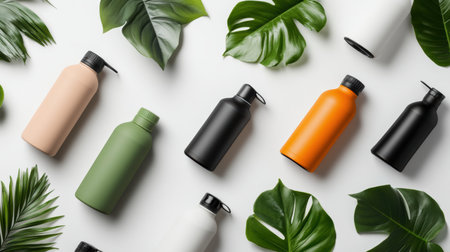 A vibrant assortment of reusable water bottles in various colors lies on a backdrop of rich green foliage. The arrangement showcases eco-friendly choices for hydration, ideal for outdoor adventures.の素材