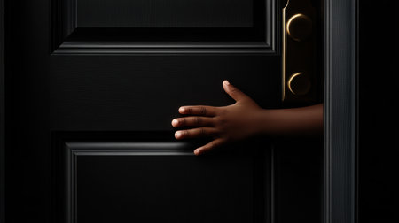 A small hand gently rests on a sleek black door, symbolizing curiosity and the desire to explore. The warm light contrasts the dark surface, hinting at possibilities just beyond.の素材