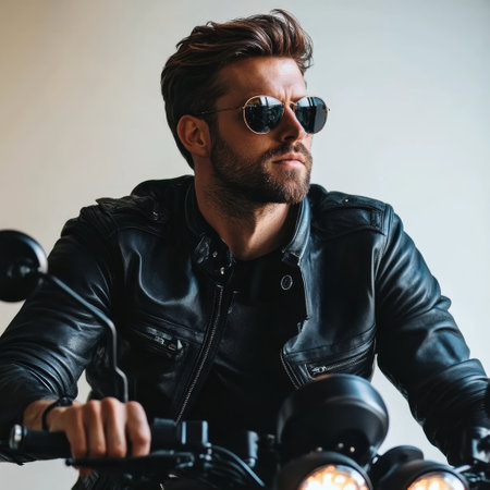 A confident biker with impressive muscular arms grips the handlebars of a sleek motorcycle, exuding coolness. The setting showcases a modern environment, reflecting a sense of adventure.の素材