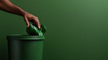 Hand reaches toward a green recycling bin, gently placing crumpled waste inside against a matching green background. This act emphasizes the importance of sustainable practices in daily life.の素材