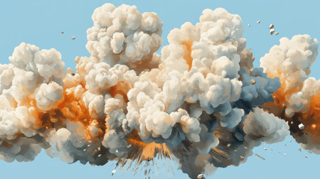 A playful eruption bursts forth in soft pastel colors, showcasing fluffy clouds of smoke mingling with vibrant bursts of orange. This charming explosion captures a moment of imaginative chaos.の素材