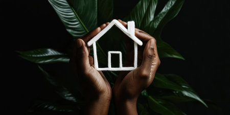 Hands expertly hold a white thread molded into a house shape, symbolizing warmth and shelter. The lush green leaves provide a striking backdrop, emphasizing nature's embrace of home.の素材