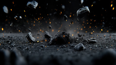 A dynamic superhero landing unleashes a wave of energy, causing the ground to crack and debris to scatter. A dramatic display of power amidst a darkened, atmospheric backdrop.の素材