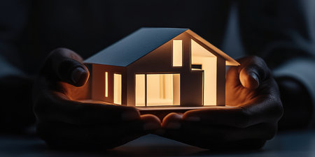 Hands gently cradle a paper house model, illuminating it with a warm glow as night approaches. The delicate structure symbolizes dreams, comfort, and protection in a tranquil setting.の素材