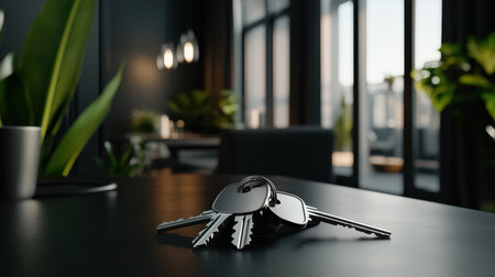 Sunlight streams through large windows in a modern apartment, illuminating polished surfaces and lush greenery. Keys rest on a wooden table, hinting at new beginnings and fresh experiences.の素材