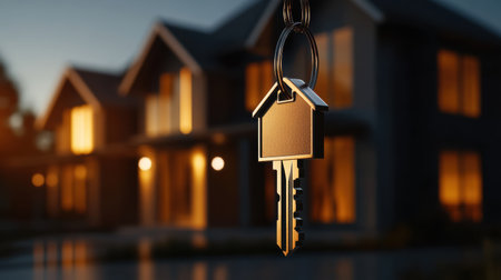 A beautiful house-shaped key glistens in the warm sunlight, suspended before a cozy neighborhood home.の素材