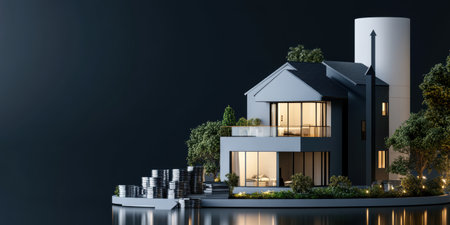Stunning modern property showcases sleek design amid lush greenery. A rising arrow suggests growth, reflecting ambition and prosperity, creating a captivating atmosphere at twilight.の素材