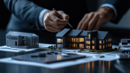 Focused on a detailed discussion, the homeowner and agent examine property models on a sleek table, illuminated by warm lights, enhancing the inviting atmosphere of the evening.の素材