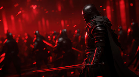 A fierce red chili warrior, adorned with sculpted armor-like skin, prepares for battle amongst a multitude of warriors cloaked in eerie crimson light. The air is thick with anticipation.の素材