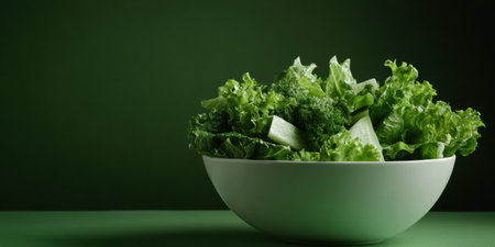 Vibrant greens fill a recyclable bowl, showcasing a medley of fresh lettuce and broccoli. This healthy dish embodies freshness, perfect for a nutritious meal at any time of day.の素材