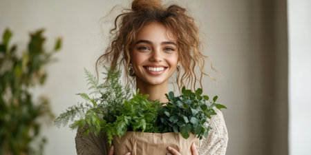 Radiating happiness, a young woman embraces eco-friendly living, cradling a pot of lush plants. Sunlight bathes the room in a warm glow, highlighting her commitment to sustainability and nature.の素材