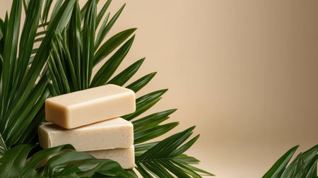 Two bars of handmade soap rest gracefully on vibrant palm leaves, creating a soothing display. The soft beige background enhances the natural beauty of the soaps and foliage.の素材