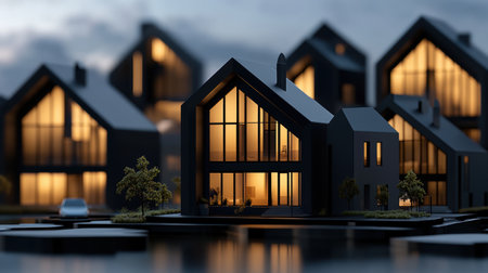 A stunning showcase of modern buildings illuminated by warm lights during twilight. The upward arrow signifies growth and progress, creating a dynamic atmosphere filled with potential.の素材