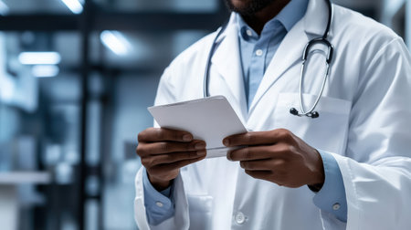A focused moment captures a patient presenting an identification card to a healthcare professional in a well-lit clinical environment.の素材
