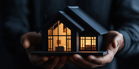 Hands cradle a stylish black model home while warm light glows from within. This representation emphasizes the importance of real estate protection and the value of home insurance.の素材