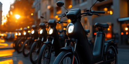 As the sun sets, a cluster of electric bikes stands lined up, their lights glowing softly. The urban environment buzzes with life, inviting exploration and eco-friendly travel options.の素材