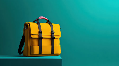 Brightly colored backpack features vivid yellow fabric and playful pink handles. It stands out against a striking teal backdrop, showcasing its modern design in a stylish setting.の素材