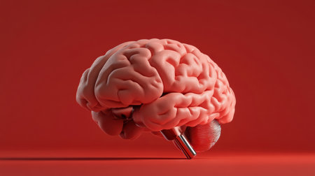 A three-dimensional depiction of a human brain is shown lifting off the ground, set against a bold red background. The image captures the essence of thought and creativity in motion.の素材