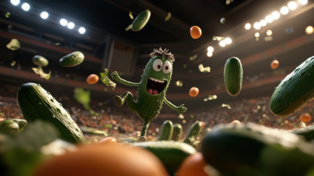 A vibrant cucumber soccer player leaps with excitement on a lively stadium field, surrounded by fresh vegetables. The atmosphere is electric, bursting with colorful produce as fans cheer in delight.の素材