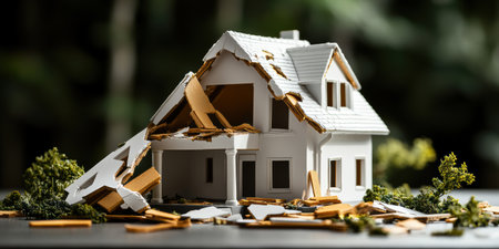 A delicate ceramic house stands in disarray, with fragments scattered around. The peaceful backdrop contrasts sharply with the chaos of destruction, evoking a sense of loss and reflection.の素材