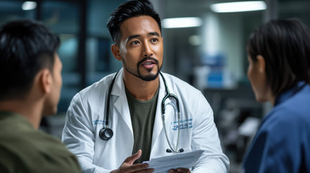 In a busy clinic, a healthcare professional explains health insurance details to patients. The setting is professional, with an engaging atmosphere fostering dialogue and understanding.の素材