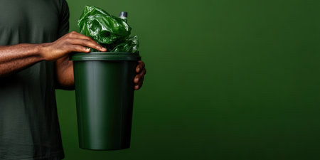 A hand gently grips a recycling bin overflowing with crumpled green plastic bags, set against a vibrant green backdrop, highlighting the importance of sustainability and responsible waste management.の素材
