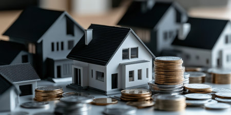 Display of miniature houses surrounded by stacks of coins emphasizes the importance of securing a property loan with a mortgage. This visual highlights real estate investment strategies.の素材