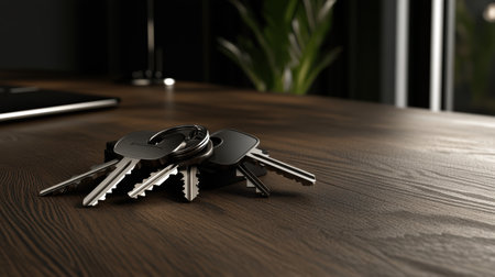 A set of keys lies on a smooth wooden table inside a stylish, contemporary apartment. Sunlight filters through large windows, casting soft shadows on the elegant decor.の素材