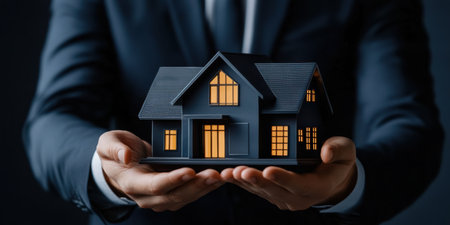 A professional real estate agent skillfully showcases a miniature house, symbolizing a promising opportunity for potential buyers. Warm lights illuminate the home's windows, enhancing appeal.の素材