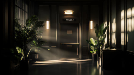 Natural light floods a serene Scandinavian-style room adorned with lush green plants.の素材