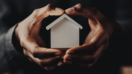 Two hands gently form a heart around a tiny house, symbolizing love and care. This heartwarming display showcases a deep connection to home and comfort in a serene atmosphere.の素材