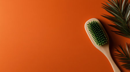 A natural wooden brush with bright green bristles rests elegantly on a warm orange surface. Surrounding it are hints of greenery, creating a calming and inviting atmosphere.の素材