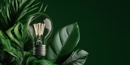 A captivating fusion of a glowing light bulb nestled among vibrant green leaves symbolizes the harmony between nature and renewable energy.の素材