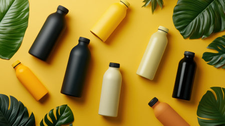 A colorful assortment of reusable water bottles is artfully displayed against a vibrant yellow background.の素材