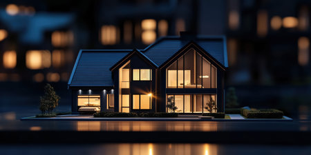 Illuminated homes showcase modern design and security, highlighting the importance of home insurance and real estate protection. A tranquil nighttime setting inspires thoughtful investment decisions.の素材