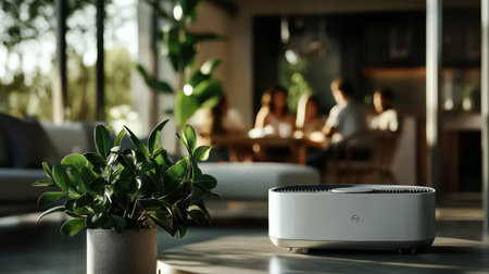 In a stylish living space filled with natural light, a sleek reverse cycle air conditioner sits near a lush plant. A group enjoys quality time at a nearby table, reflecting a vibrant home atmosphere.の素材