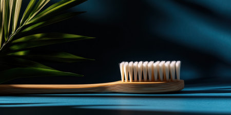 Brightly lit bamboo toothbrush showcasing its natural bristles lies elegantly on a rich blue backdrop. Lush green leaves add a refreshing touch, highlighting eco-conscious living.の素材