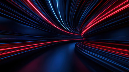 Swirling currents of electric blue and red energy radiate vibrantly through the darkness, igniting a captivating burst of motion. The vivid colors create a sense of dynamic energy and excitement.の素材