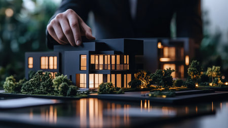 In the soft glow of twilight, a homeowner and agent meticulously examine a property model, highlighting their collaborative efforts to navigate the real estate market with precision.の素材