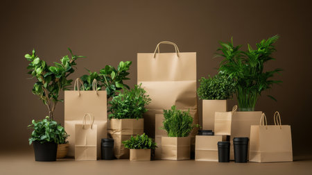 A collection of eco-friendly kraft paper bags in various sizes sits against a brown backdrop, surrounded by vibrant green plants, showcasing a commitment to sustainable living and nature.の素材