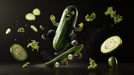 A joyful cucumber skater shows off impressive moves on a skateboard, surrounded by slices of cucumber and flying lettuce. This lively display blends humor and creativity in a vibrant setting.の素材