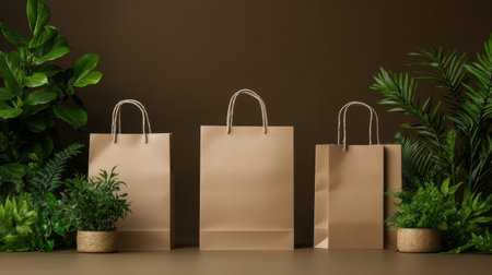 Set against a warm brown background, eco-friendly kraft paper bags stand tall, surrounded by lush greenery. Each bag presents an inviting option for sustainable shopping, highlighting nature.の素材