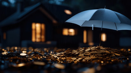 In the soft glow of evening, a white umbrella shields a mound of shimmering golden coins near a warm, inviting house. The enchanting scene captures a moment of magic during a gentle rain.の素材