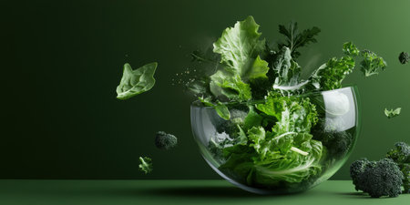 Fresh leafy greens dance in a clear bowl, reflecting light against a vivid green backdrop, evoking a sense of health and nature's bounty in a serene environment.の素材