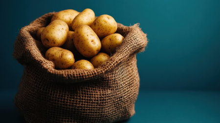 Organic potatoes rest in a rustic burlap sack, showcasing their earthy beauty, perfect for hearty meals. These fresh tubers evoke a sense of farm-to-table goodness and sustainability.の素材