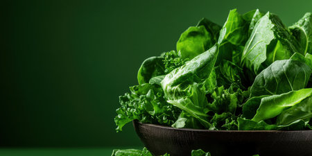 Fresh leafy greens fill a rustic bowl, showcasing vivid shades of green. This colorful display highlights nature's bounty, perfect for a wholesome meal or salad preparation.の素材