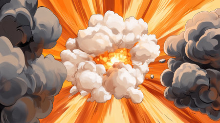 An intense explosion releases vibrant orange and yellow hues, sending clouds of smoke swirling. The dynamic action lines capture the energy of a fierce battle taking place in an urban setting.の素材