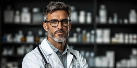 A dedicated medical professional wearing a lab coat and glasses stands confidently in a pharmacy, surrounded by shelves stocked with various medications.の素材