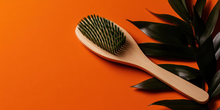 Placed on a vivid orange surface, a natural wooden brush showcases its textured green bristles, surrounded by dark green leaves. The combination brings warmth and freshness to the setting.の素材