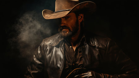 In a dimly lit atmosphere, a charismatic cowboy exudes coolness with his leather vest and wide-brimmed hat. Wisps of smoke swirl around him, enhancing his rugged persona and mysterious allure.の素材